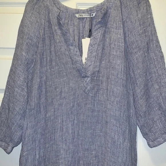 Zara gauzy Linen Tunic Dress, with pockets, blue & white woven fabric, NWT - Picture 2 of 11